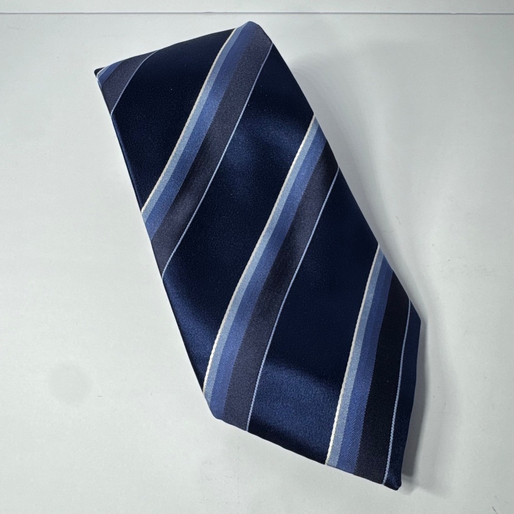 Alfani Men's Silk Necktie Navy Blue Striped Classic Handmade Formal Business Tie
